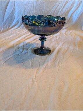 2/70$ Indiana Glass Iridescent Blue Pedestal Compote
